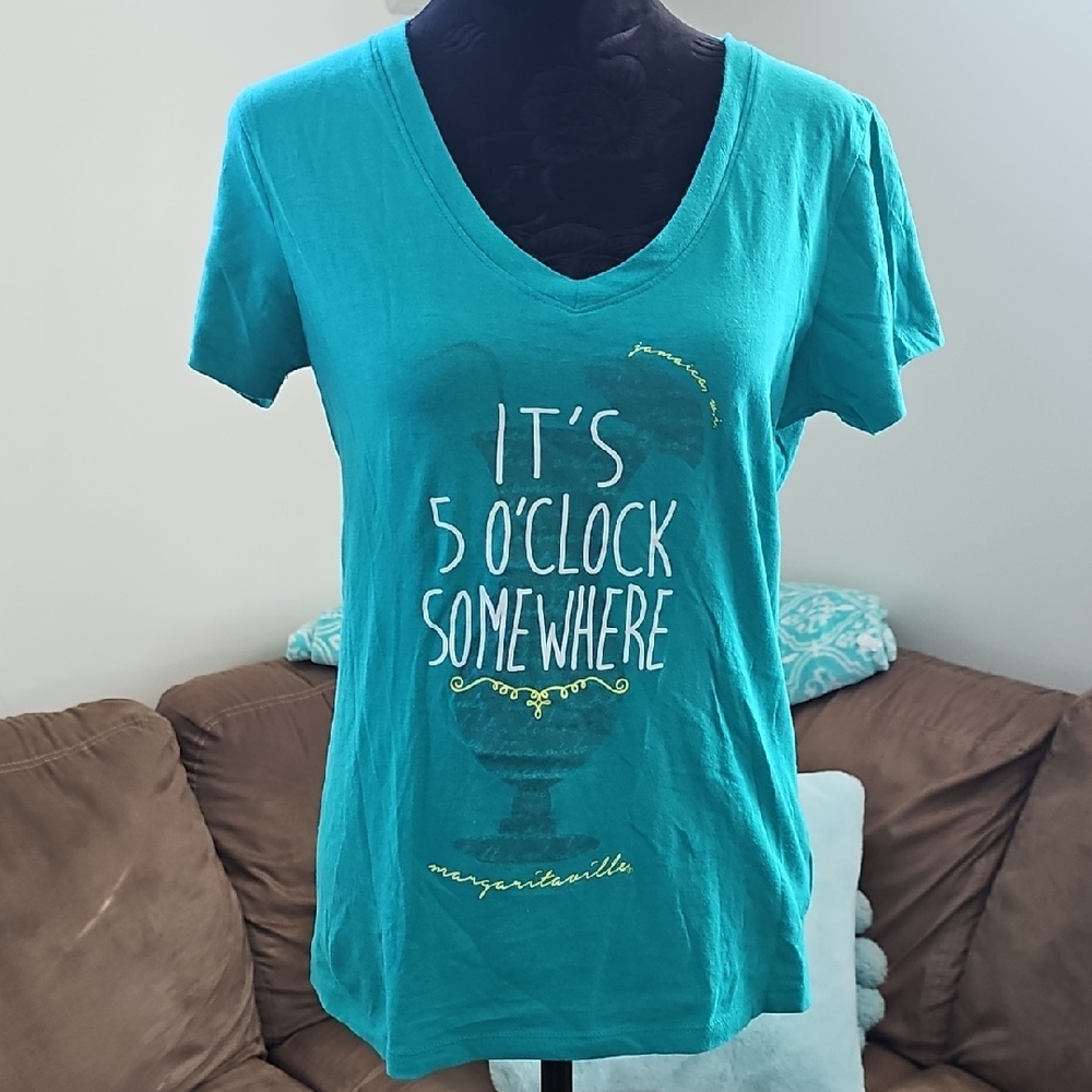 Margaritaville Turquoise Vneck Tee With It's 5 O'Clock Somewhere Logo, Small